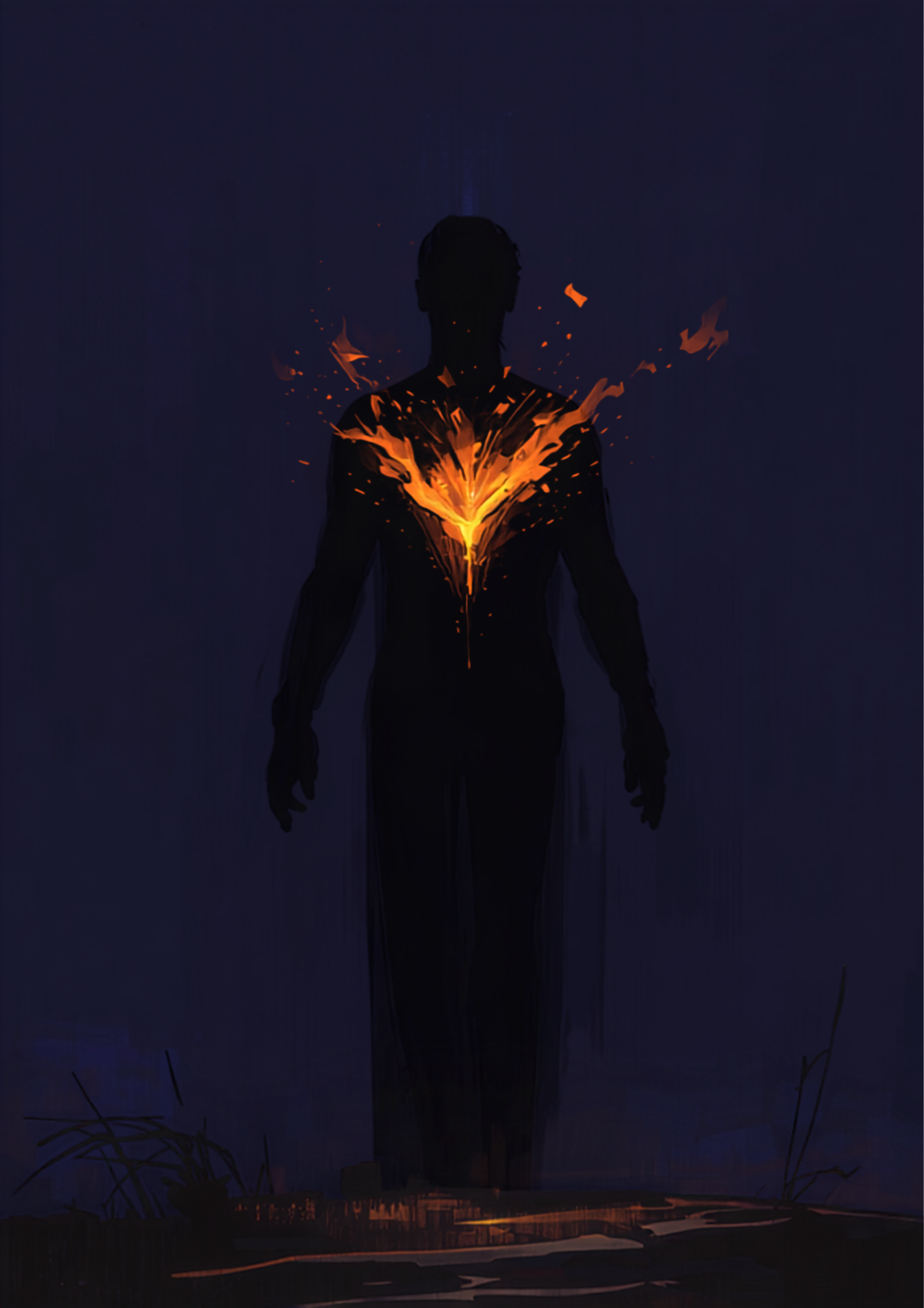 A quieter silhouetted figure with hands at rest, sparks rising from the chest, against a dark indigo night sky
