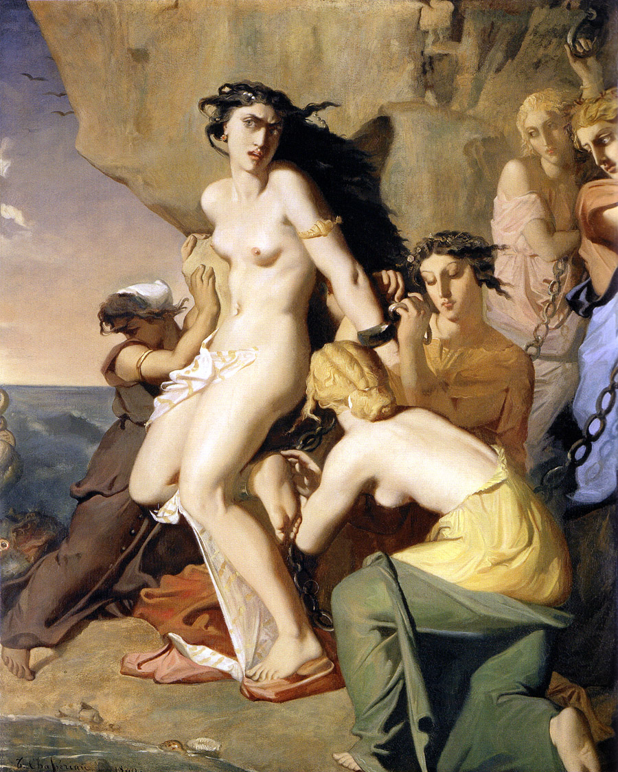 Theodore Chasseriau's Andromeda Chained to the Rock by the Nereids, 1840, public domain, the mythological Victim figure who is bound and left waiting for rescue