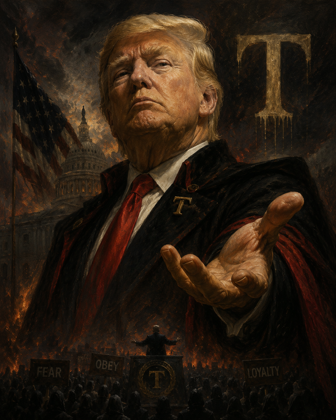 A dramatic portrait study of the Villain archetype in a leader's role, fire and a crowd behind