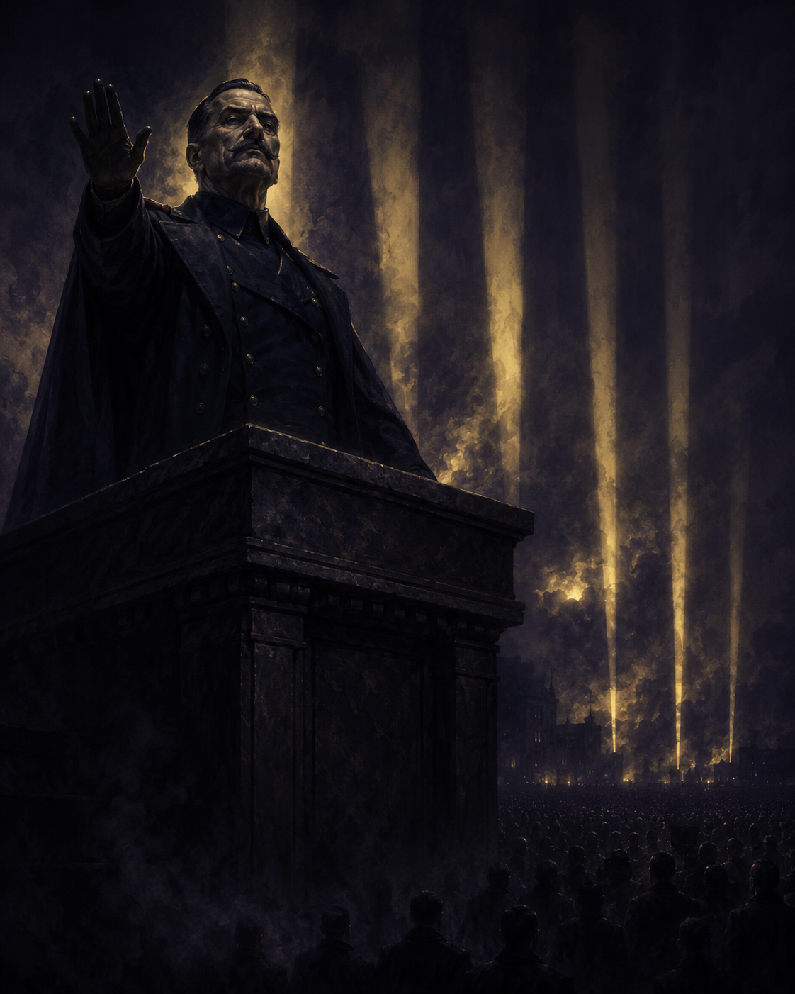 Adolf Hitler, addressing a torchlit rally under vertical searchlight beams