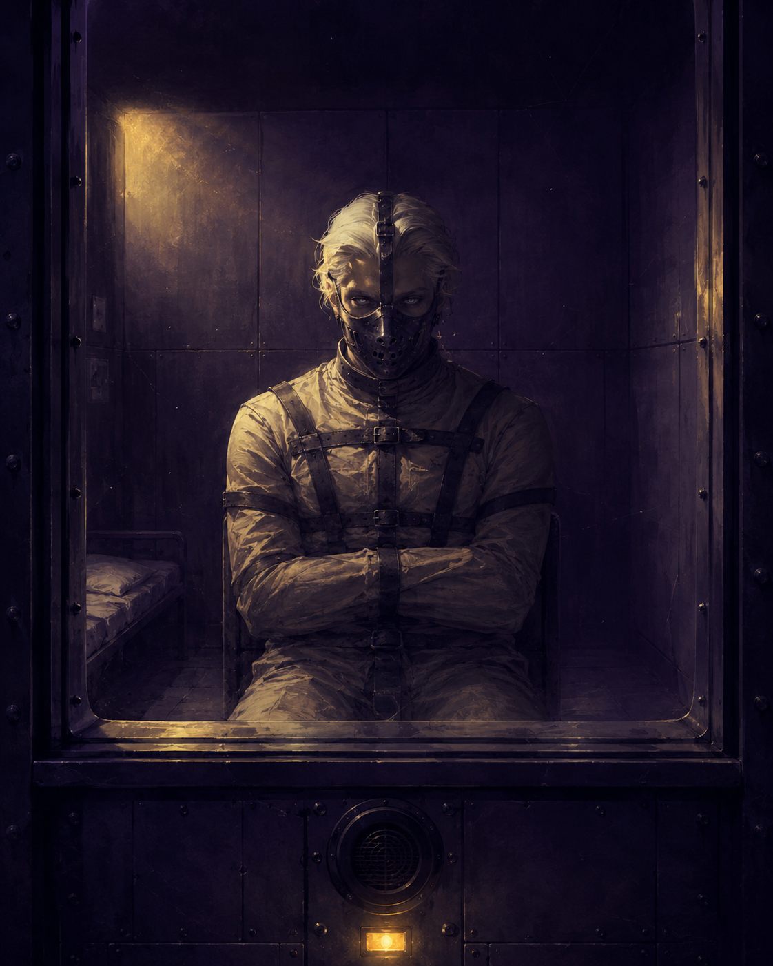 Hannibal Lecter, restrained and unnervingly composed behind reinforced glass