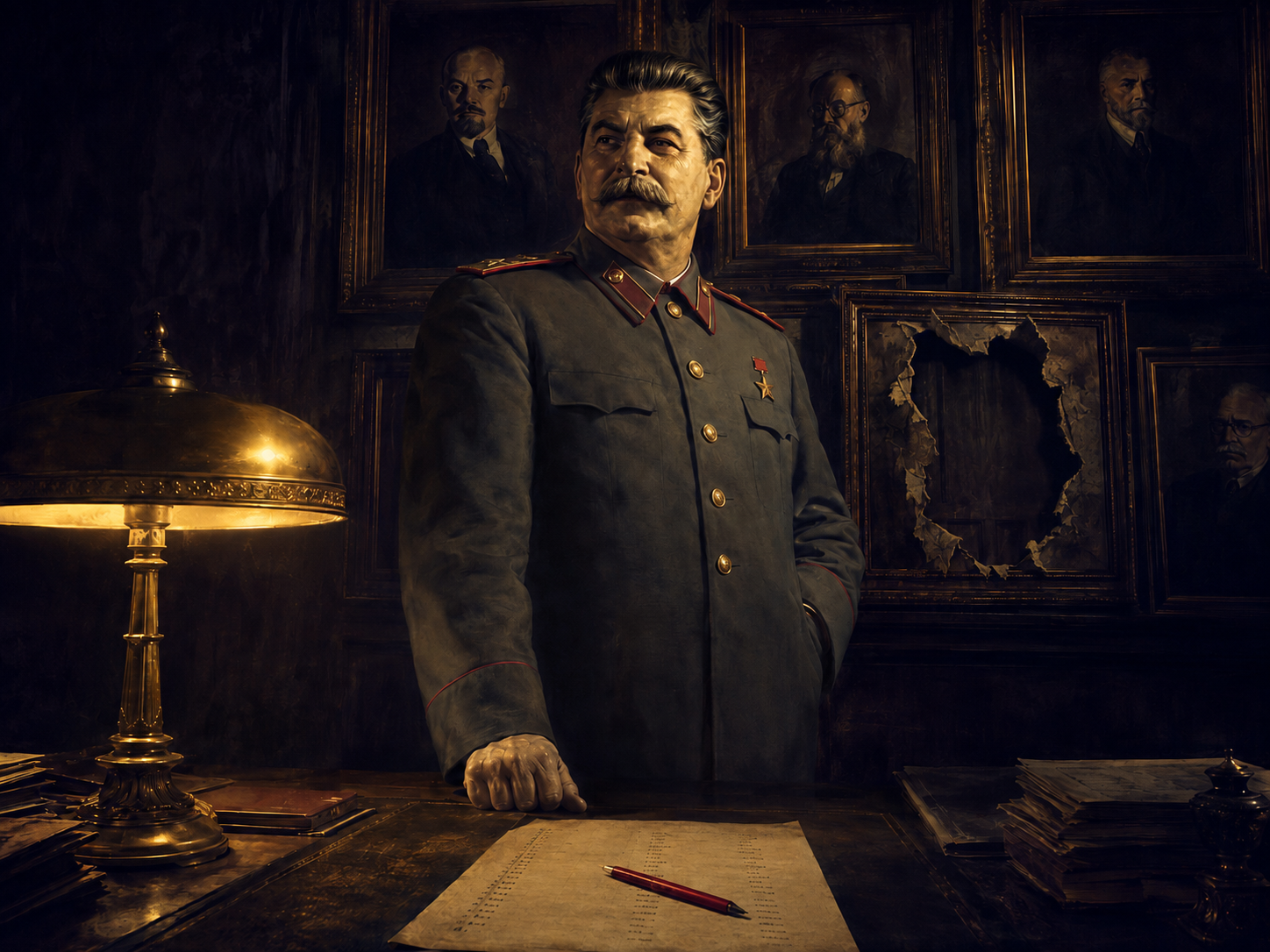 Joseph Stalin, standing before a wall of portraits with one face freshly torn away