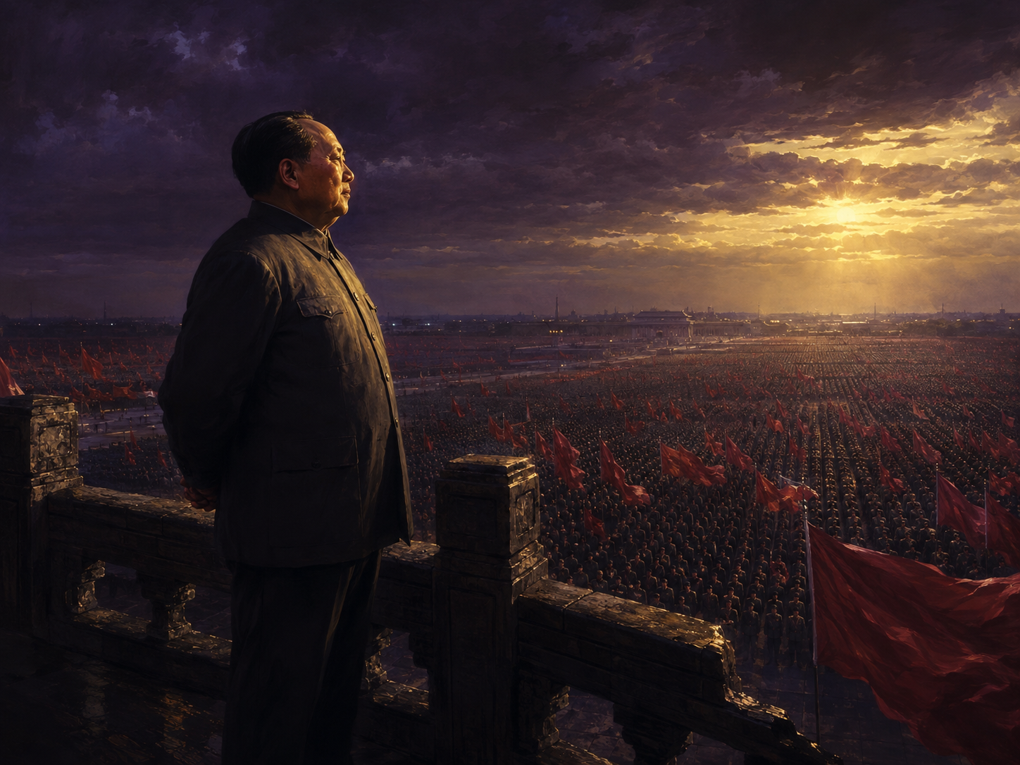 Mao Zedong, reviewing an endless sea of marchers from a high stone rostrum