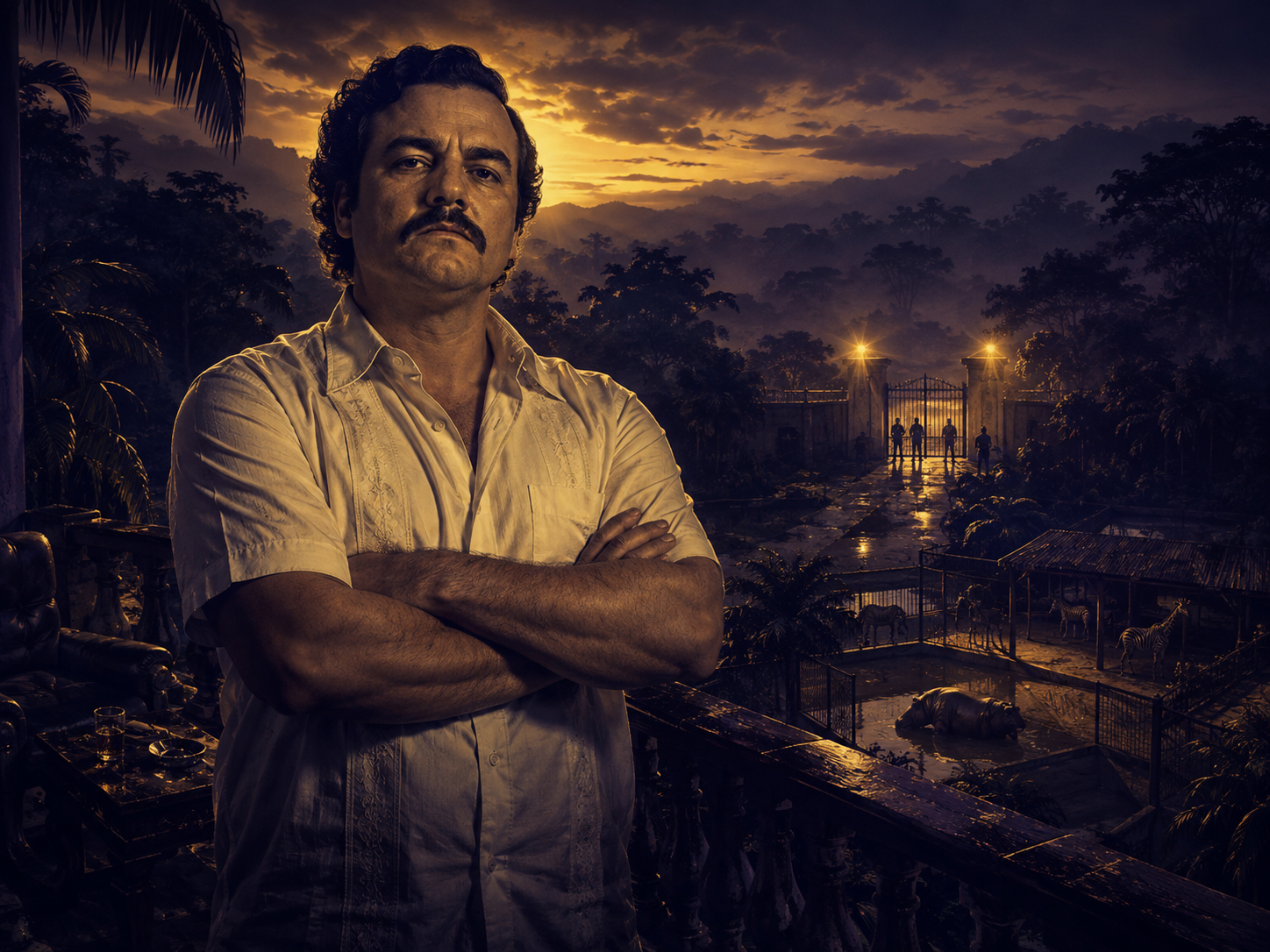 Pablo Escobar, standing over his private compound at dusk, armed silhouettes at the gate