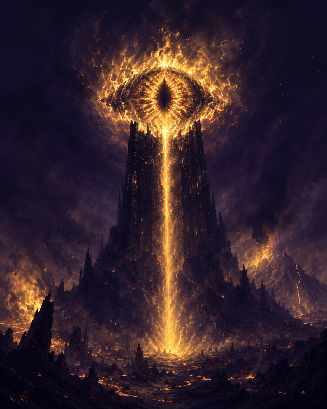 Sauron, a colossal lidless eye wreathed in flame atop a ruined tower