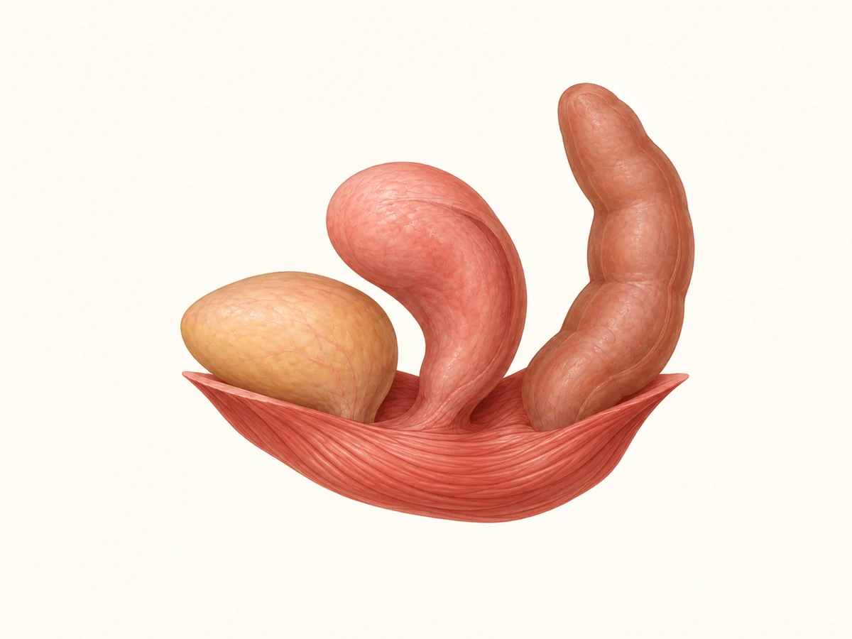 A floating teaching model: the bladder at the front (left, yellow), the womb behind and above it (pink), the back passage behind (right, ridged), and beneath all three one continuous sheet of muscle