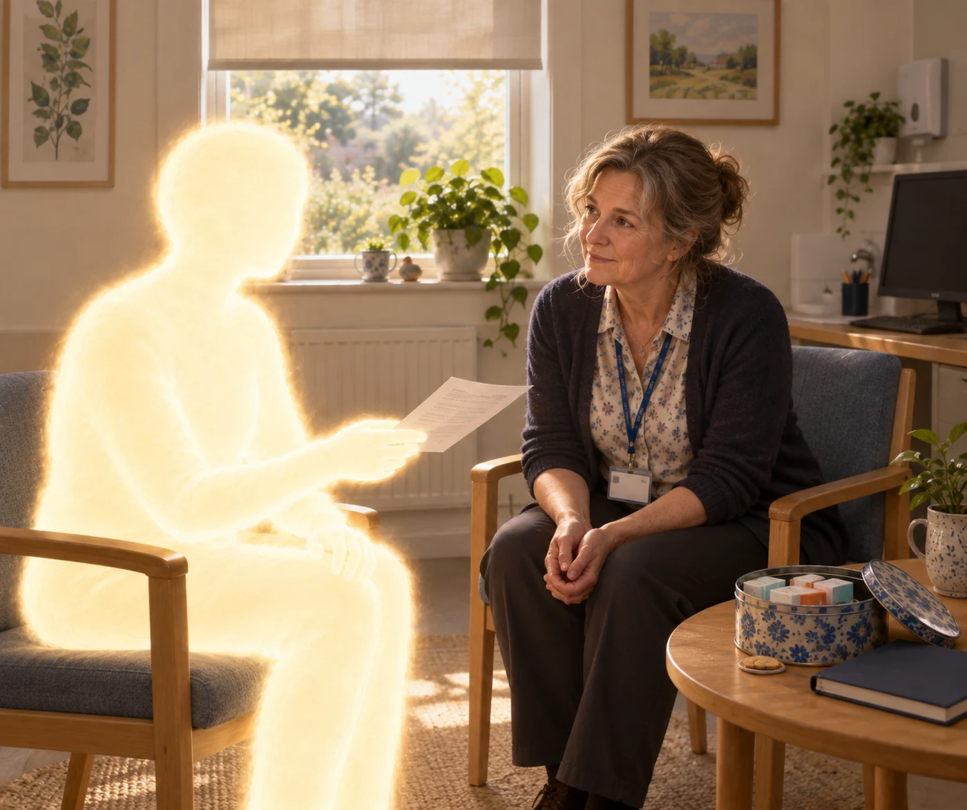 The same figure of light in a quiet clinic room, holding out one printed sheet to a clinician who sits facing her with open hands, listening; a biscuit tin and a closed notebook on the side table; the screen dark and turned away